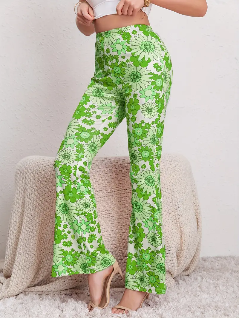 Floral Print Flare Leg Pants, Boho Forbidden Pants For Spring