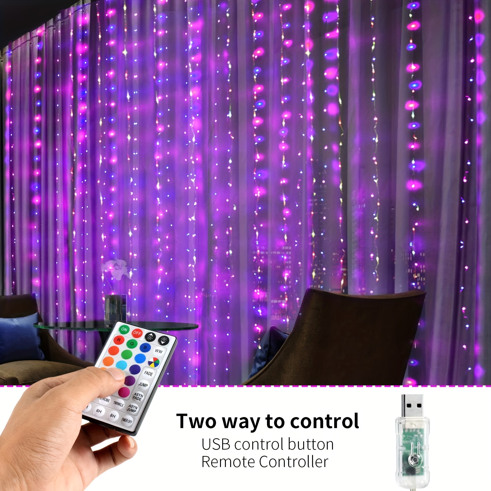 RGB Fairy Lights,LED Color Changing Curtain Lights-3m*2m (USB Type),With  Remote Control String Lights, Ideal for Bedroom, Wedding,Party Decoration