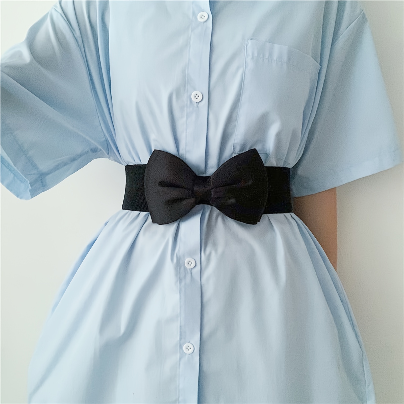 Image of Fashionable Elastic Wide Waistband With Bow And Elastic Waistband With Dresses, Sweaters, Down Jackets, Shirts, Dresses, And Beautiful Decorative Waistbands