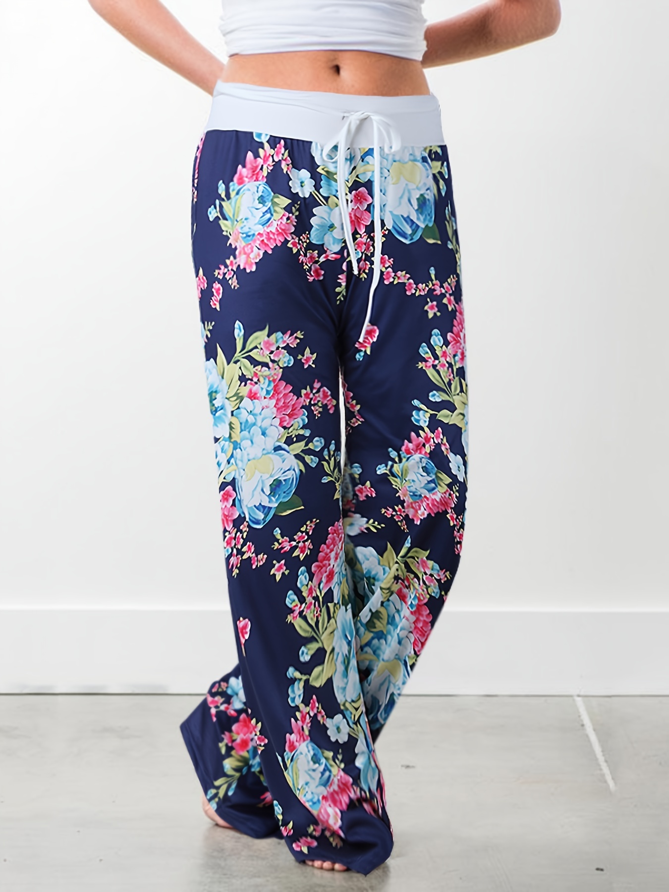 Floral Print Pants Casual Elastic Waist Long Length Pants - Temu Israel