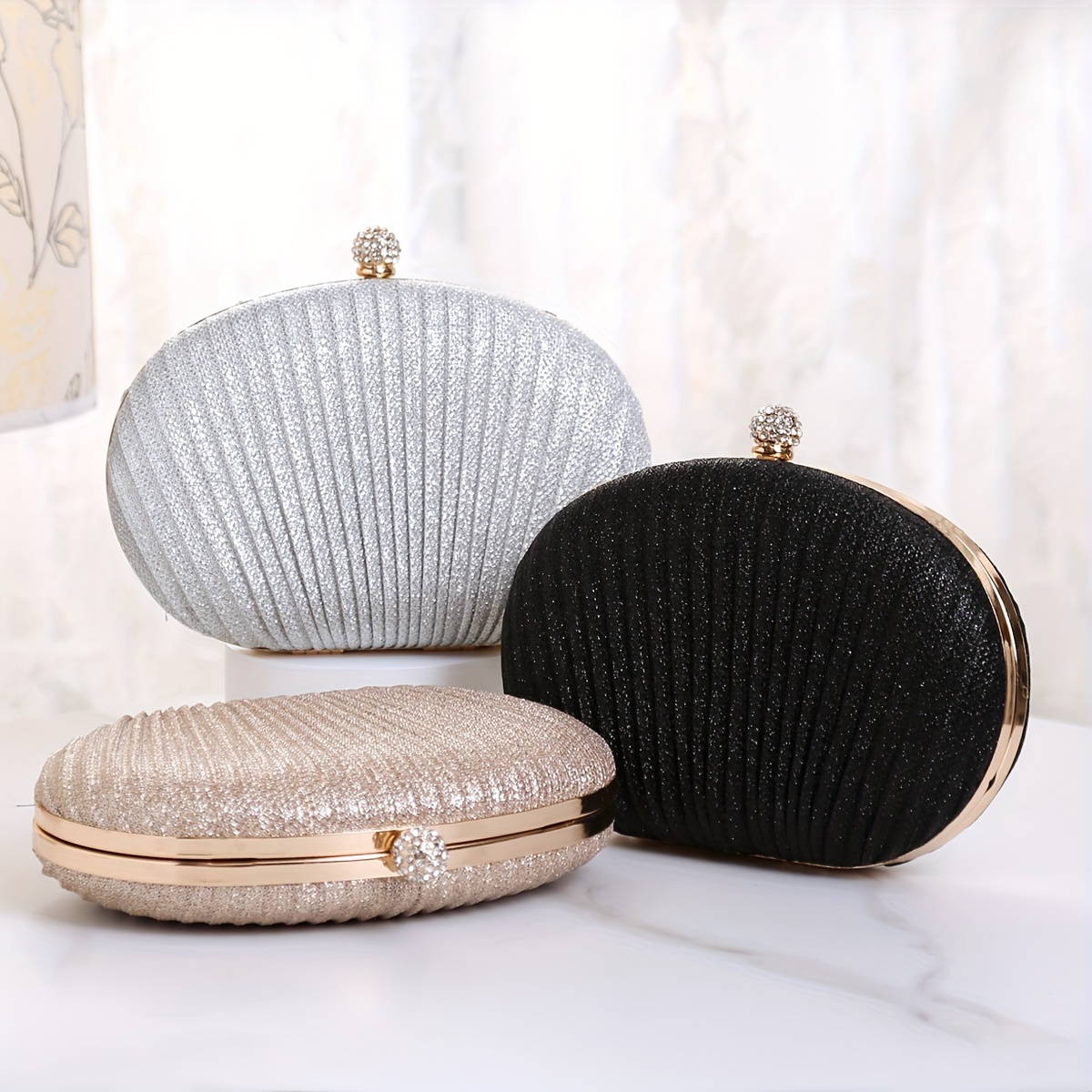 Elegant Goose Egg Shaped Evening Bag, Solid Color Striped Chain