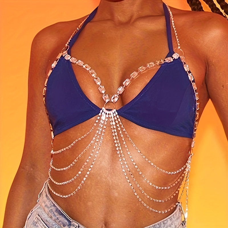 Rhinestone Body Chain Crystal Bra Bikini Chain Backlesss Halter Body  Jewelry Glitter Nightclub Body Accessories for Women and Girls