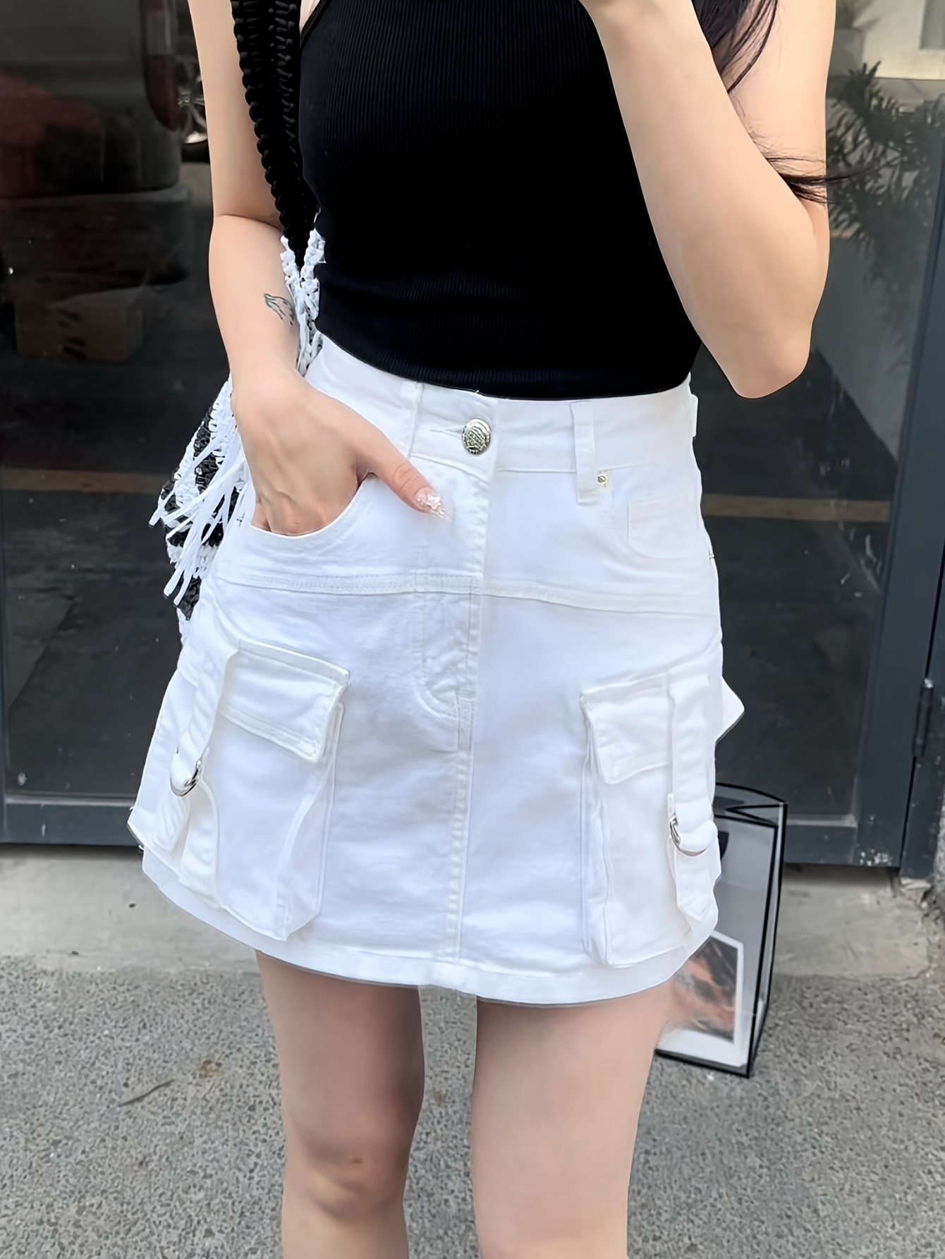 Plain Slant Pockets Pleated Denim Mini Skirt, Preppy Y2k Kpop Style High  Stretch Denim Skirt, Women's Denim Clothing - Temu