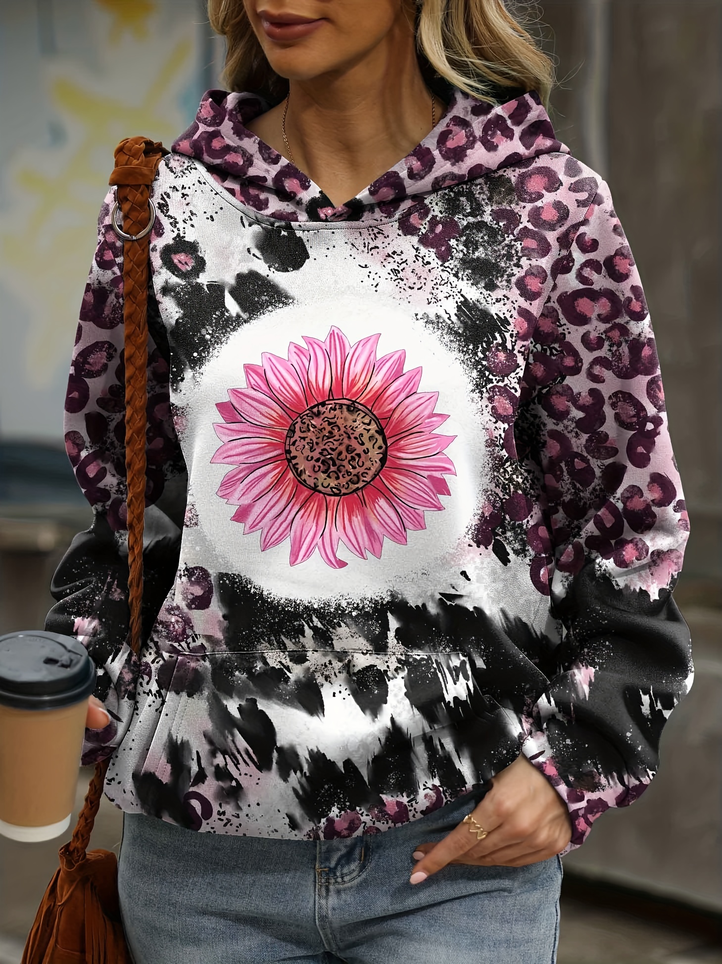 Leopard & Floral Print Kangaroo Pocket Hoodie, Casual Long Sleeve Hoodies  Sweatshirt, Women's Clothing