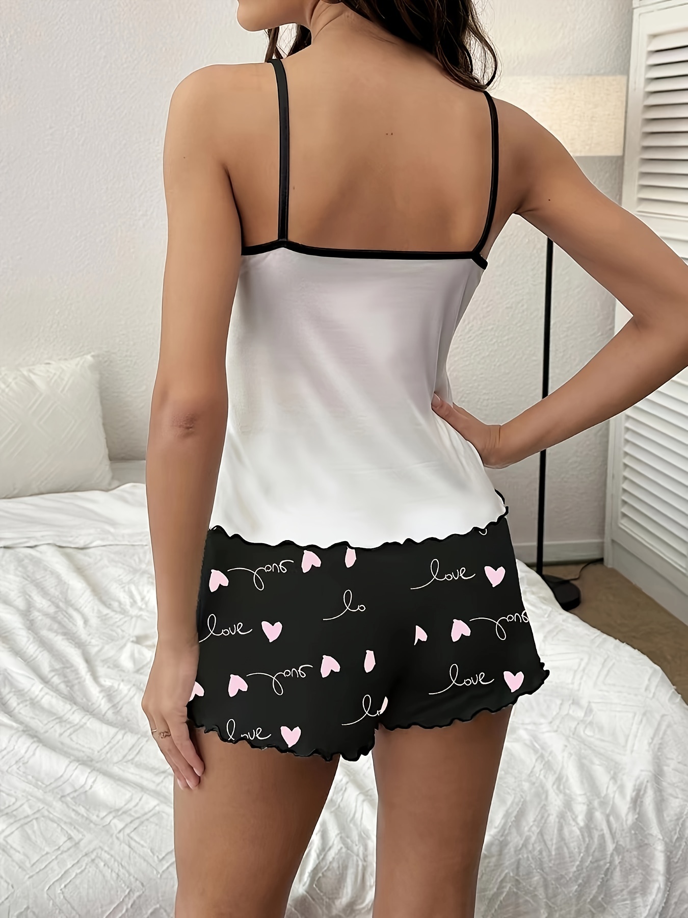 Heart Print Pajama Set Crew Neck Cami Top Elastic Waistband - Temu