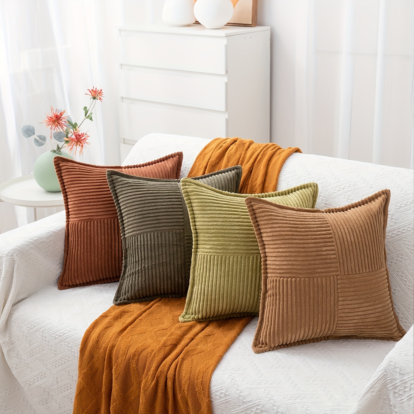 Soft Corduroy Corn Striped Velvet Series Decorative Throw Pillow, 18 x  18, Orange, 2 Pack