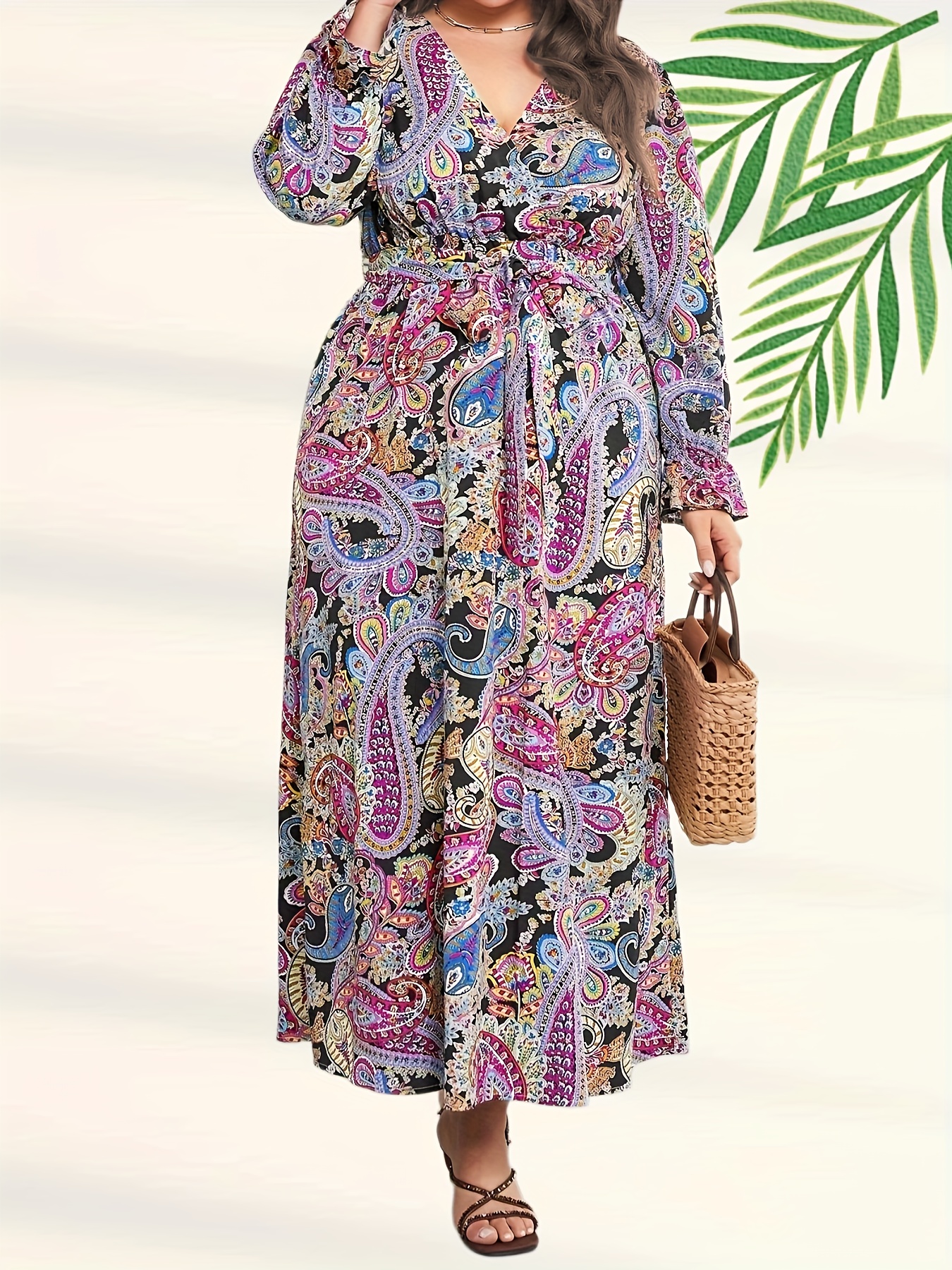 Plus Size Boho Dress Women's Plus Pasley Print Long Sleeve V