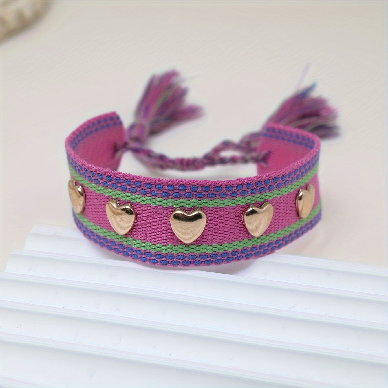 

1pc Vintage Embroidered Heart-shaped Pattern Braided Bracelet, Bohemian Ethnic Rope Bracelet For Daily Life