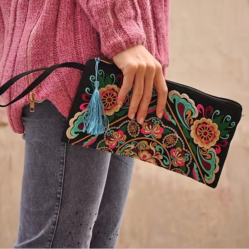 Women's Ethnic Embroidered Long Wallet, Portable Zipper Around Purse,  Causal Coin Purse - Temu