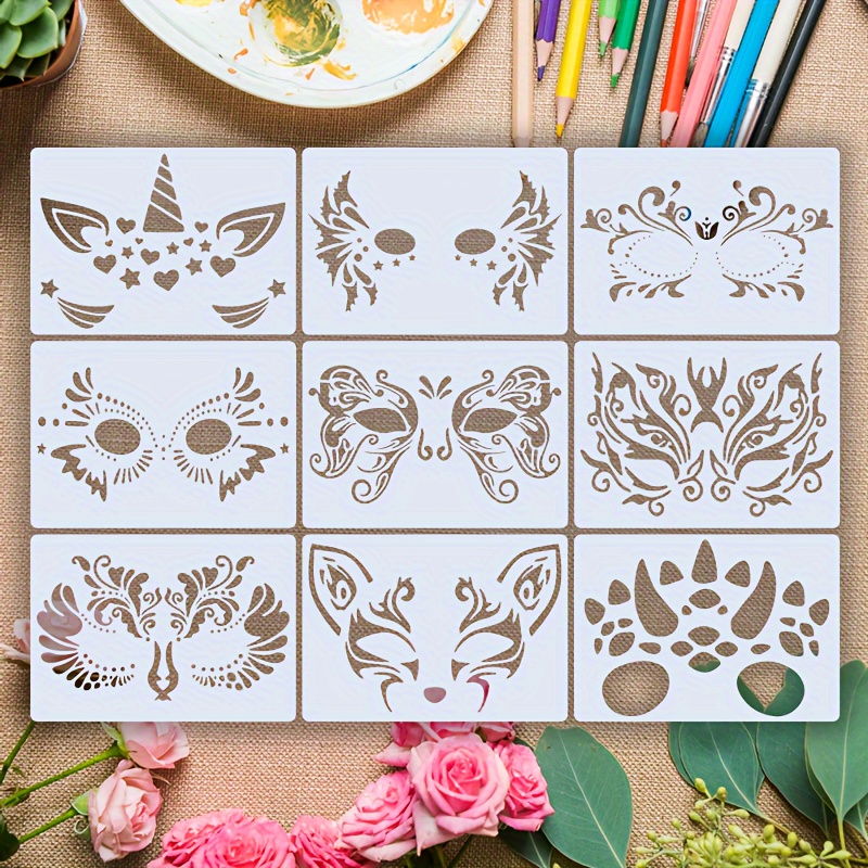 

9pcs/set Face Paint Stencils, 8.26*5.82inch Reusable, Washable Diy Face Paint Stencils, Can Be Used For Face Painting Holiday Makeup, Tattoo Stencils, Diy Drawing Art Crafts