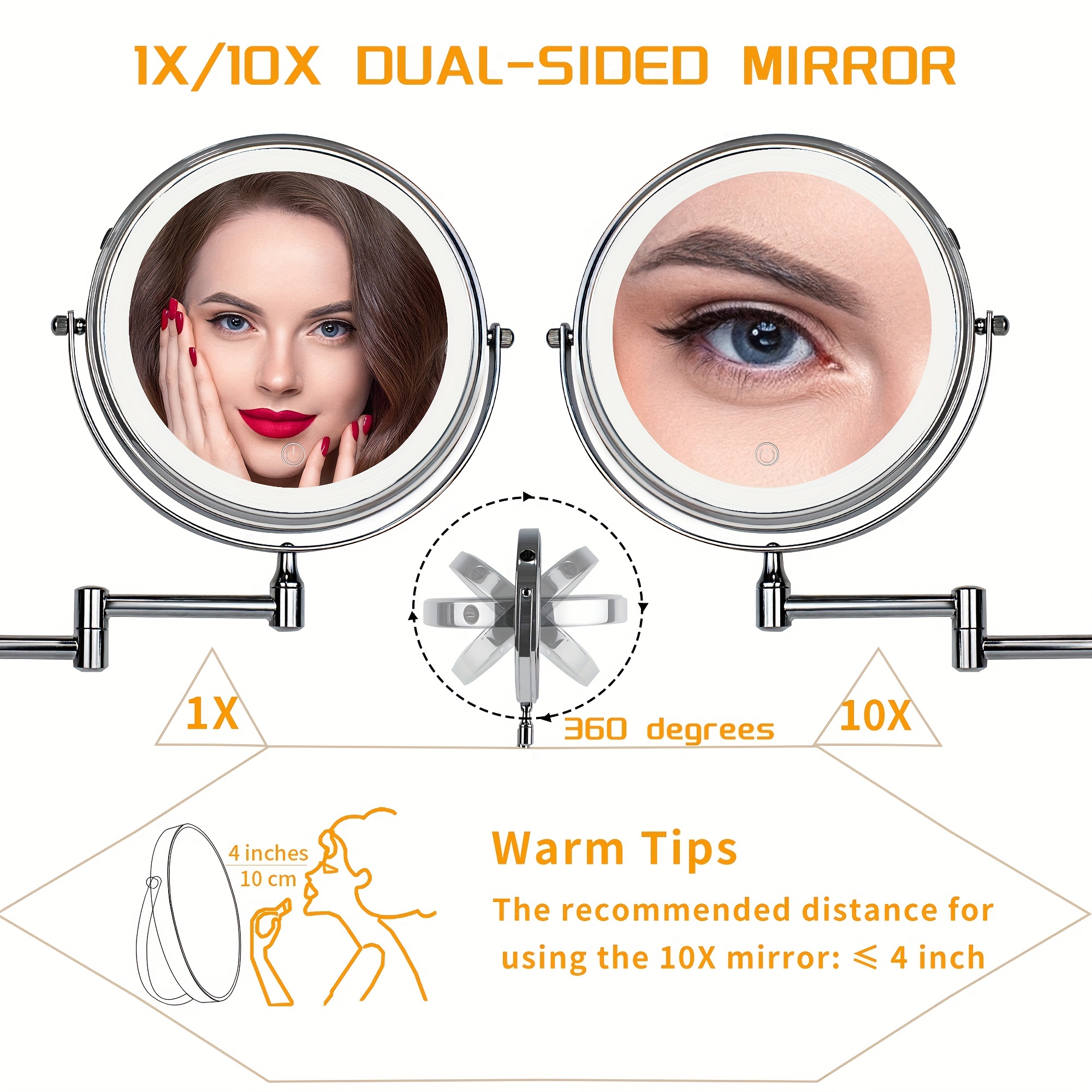Espejo de maquillaje de dos caras de pared de 8 pulgadas de pared LED LED de