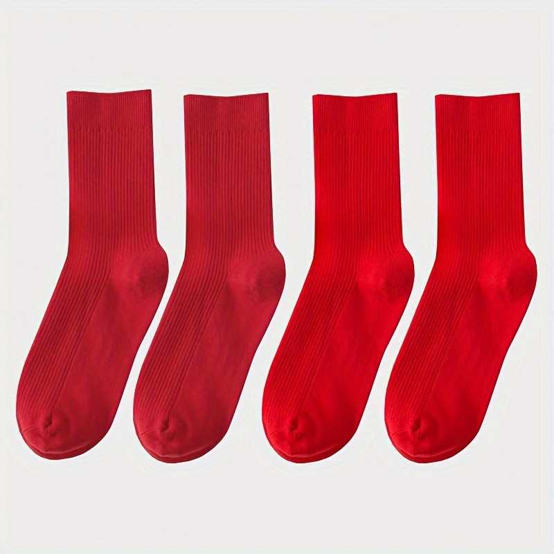 

4 Pairs Of Men's Trendy Solid Crew Socks, Breathable Comfy Casual Unisex Socks For Men's Outdoor Wearing All Seasons Wearing, As New Year Gifts