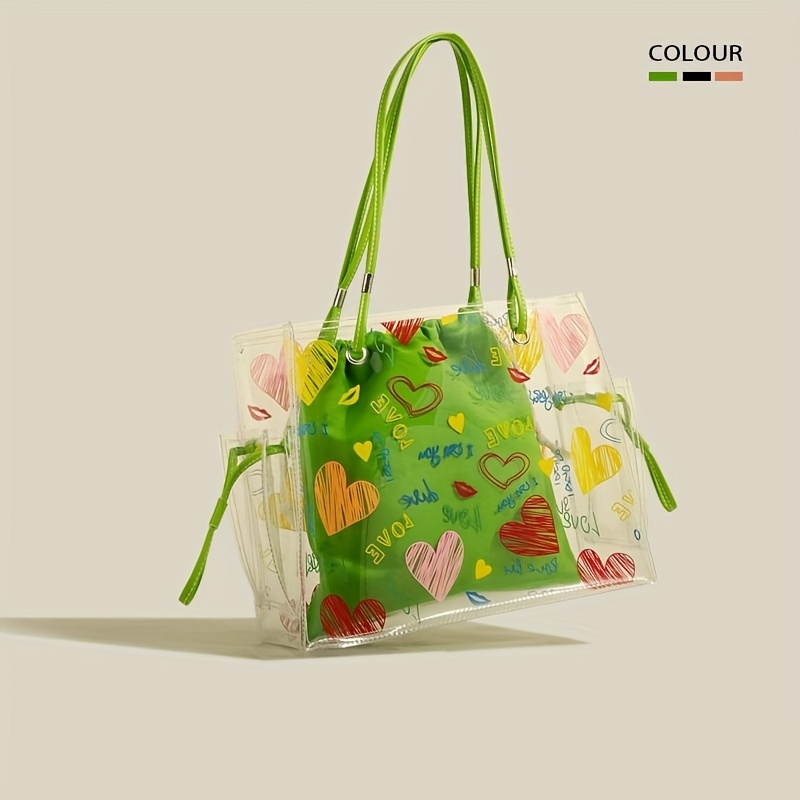 Green Cute Prints Clear Jelly Bag Large Tote Bags with Drawstring Pouch