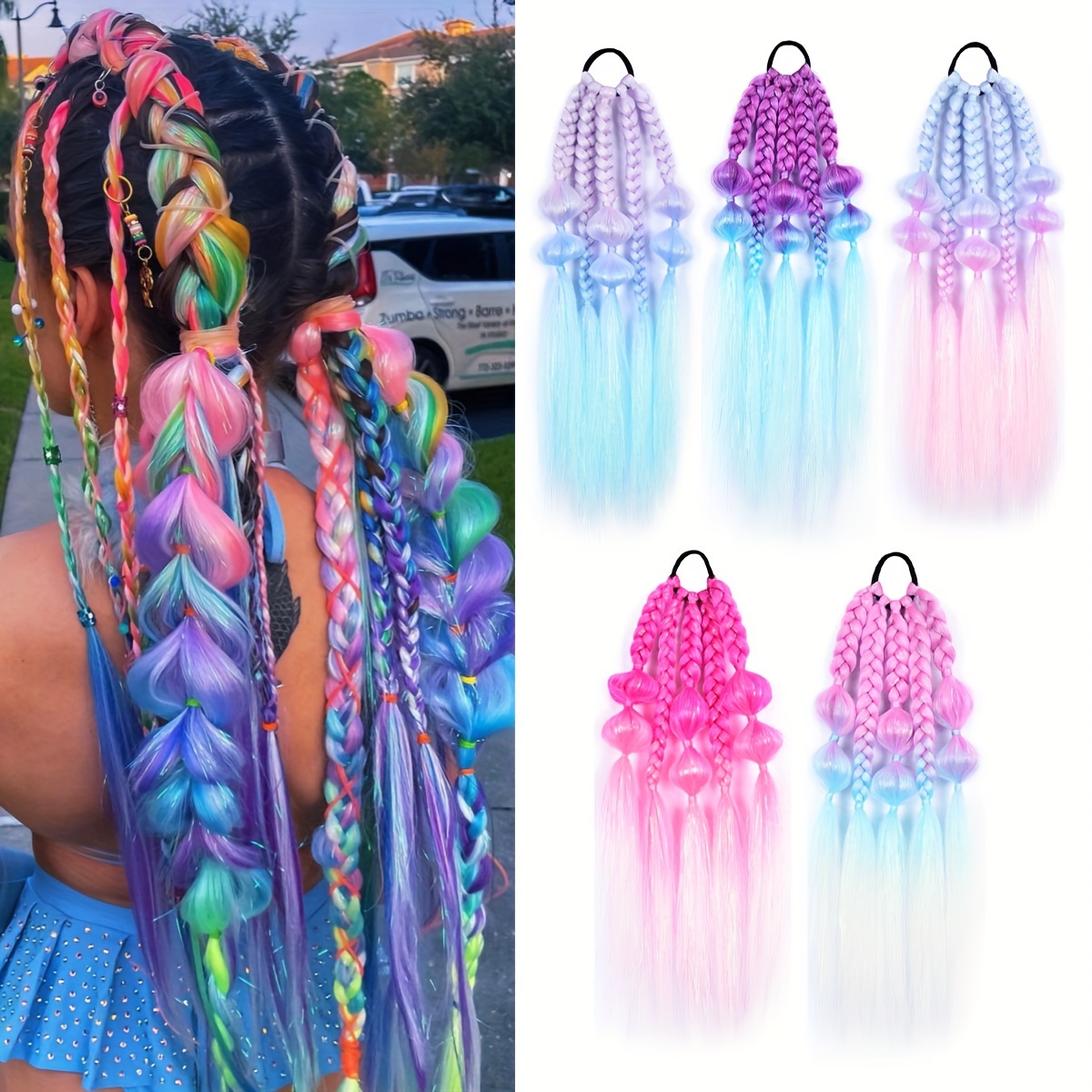 

Colored Braids Hair Extensions With Hair Tie, Colorful Braided Synthetic Hairpieces For Braiding Hair Ponytail Hair Accessories For Women Party Dress Up Party Highlights For Music Festival