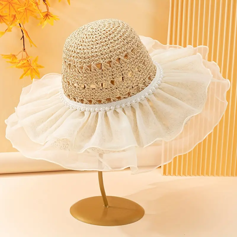Lace Ruffle Brim Crochet Hat Faux Pearl Decor Wide Brim - Temu
