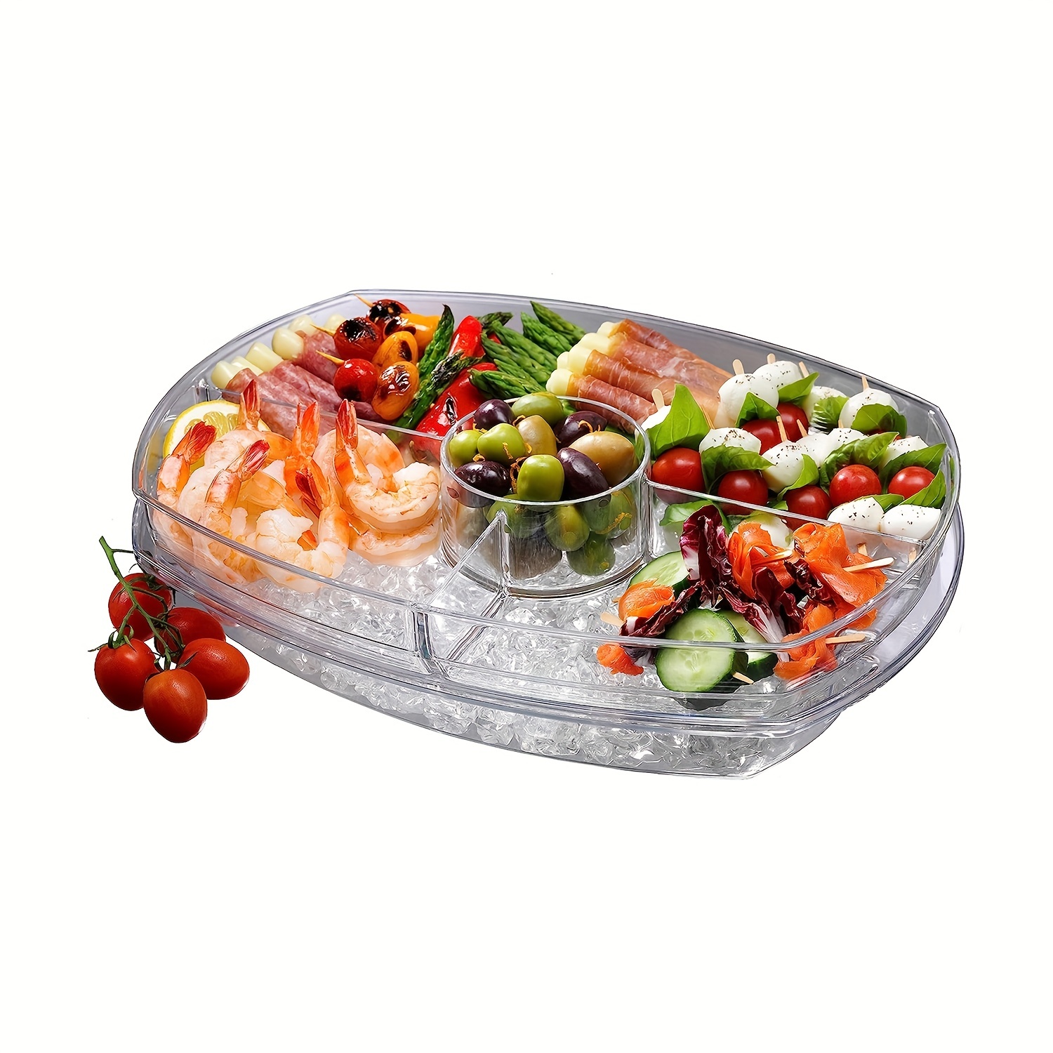  2 Pcs Ice Party Platter 4 Section Ice Serving Tray Clear Plastic  Veggie Tray with Lid Cold Fruit Serving Platter Dishes 3 Layers Catering  Trays for Parties Food Appetizers Vegetables Salads