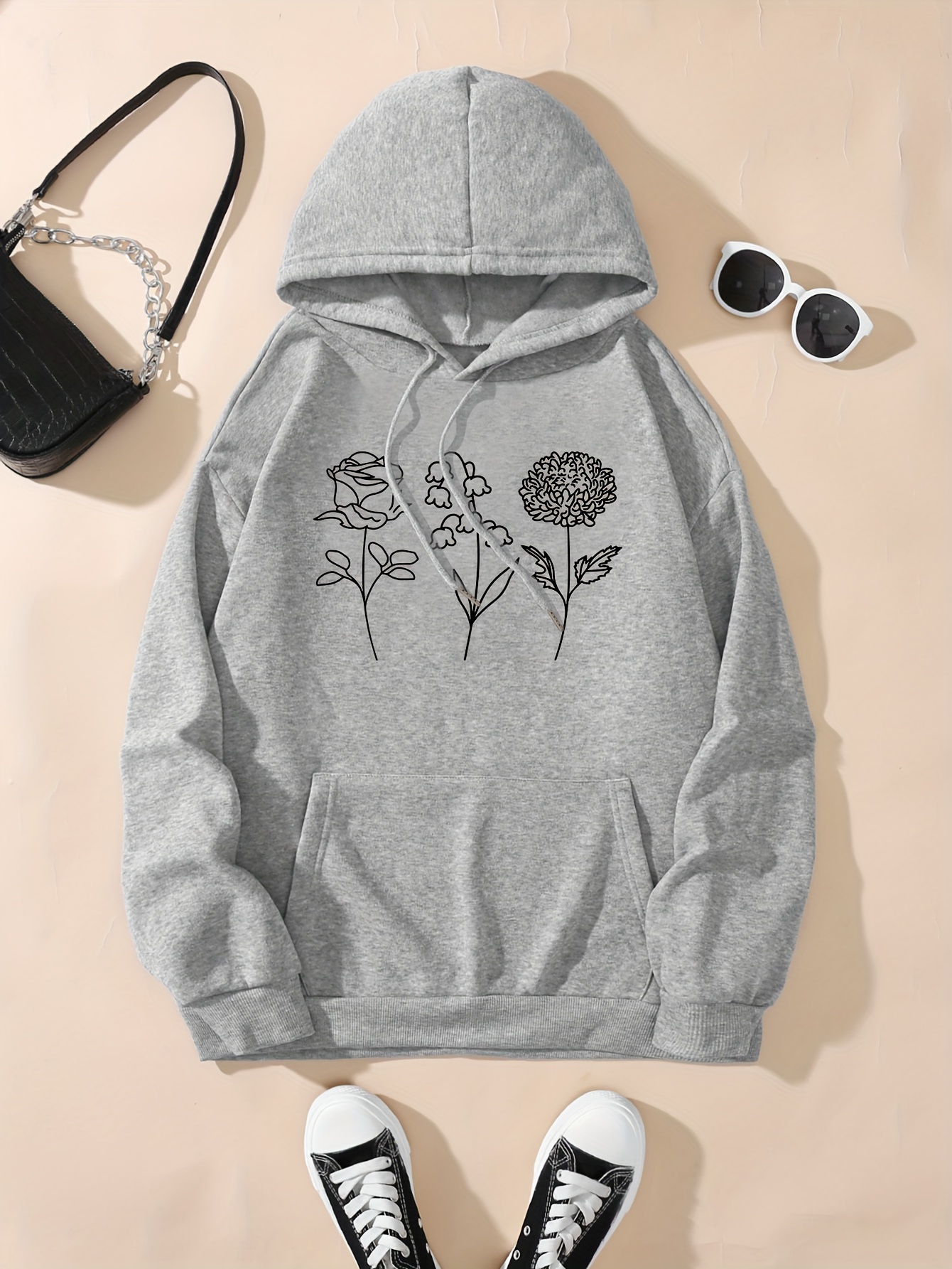 Mens Hoodies Rose Print Drawstring Hoodie Floral Hoodies With Cute
