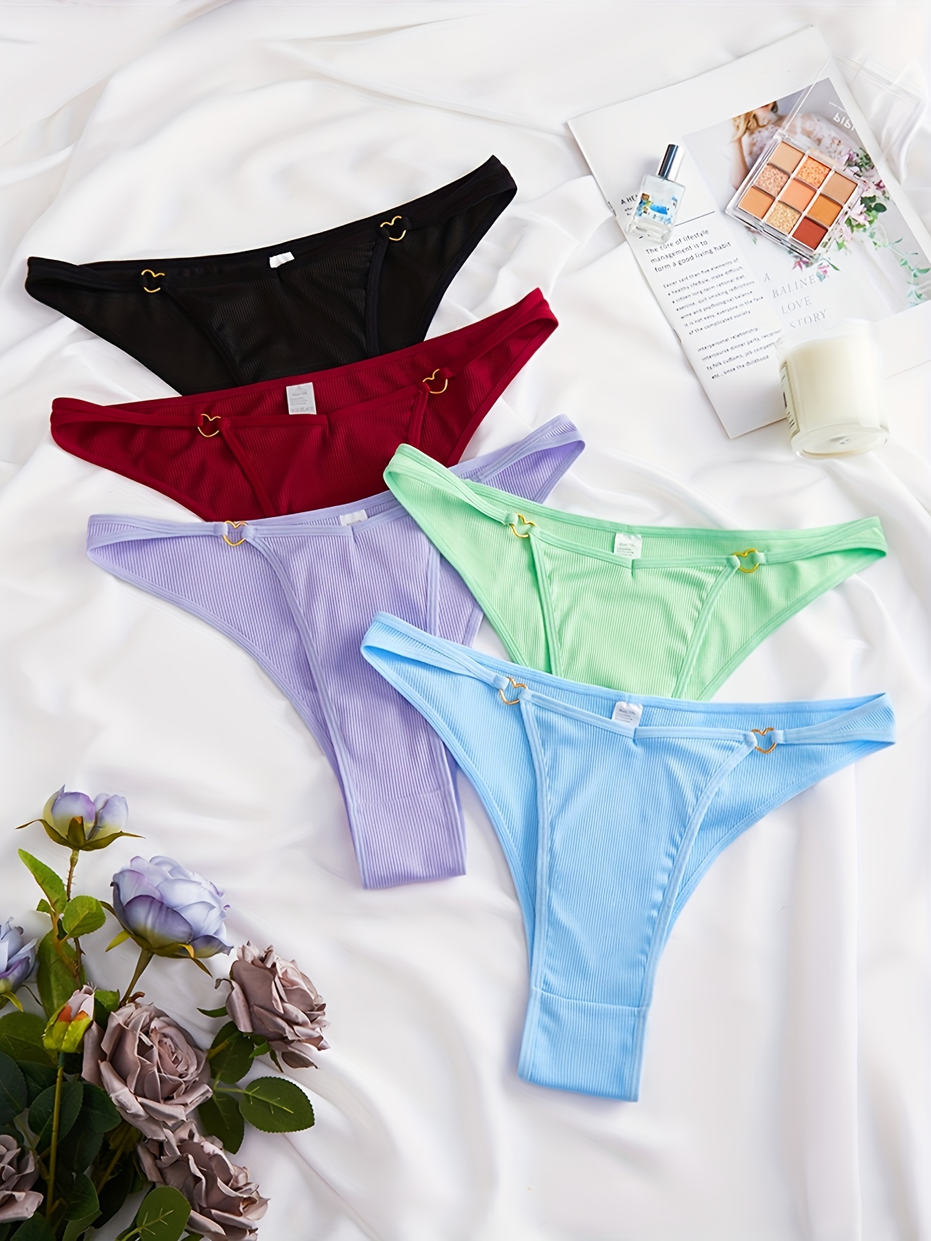 5 Pack Plus Size Romantic Panties Set, Women's Plus Ribbed Knit Heart Ring  Linked Seamless * Waisted Bikini Panties 5pcs Set