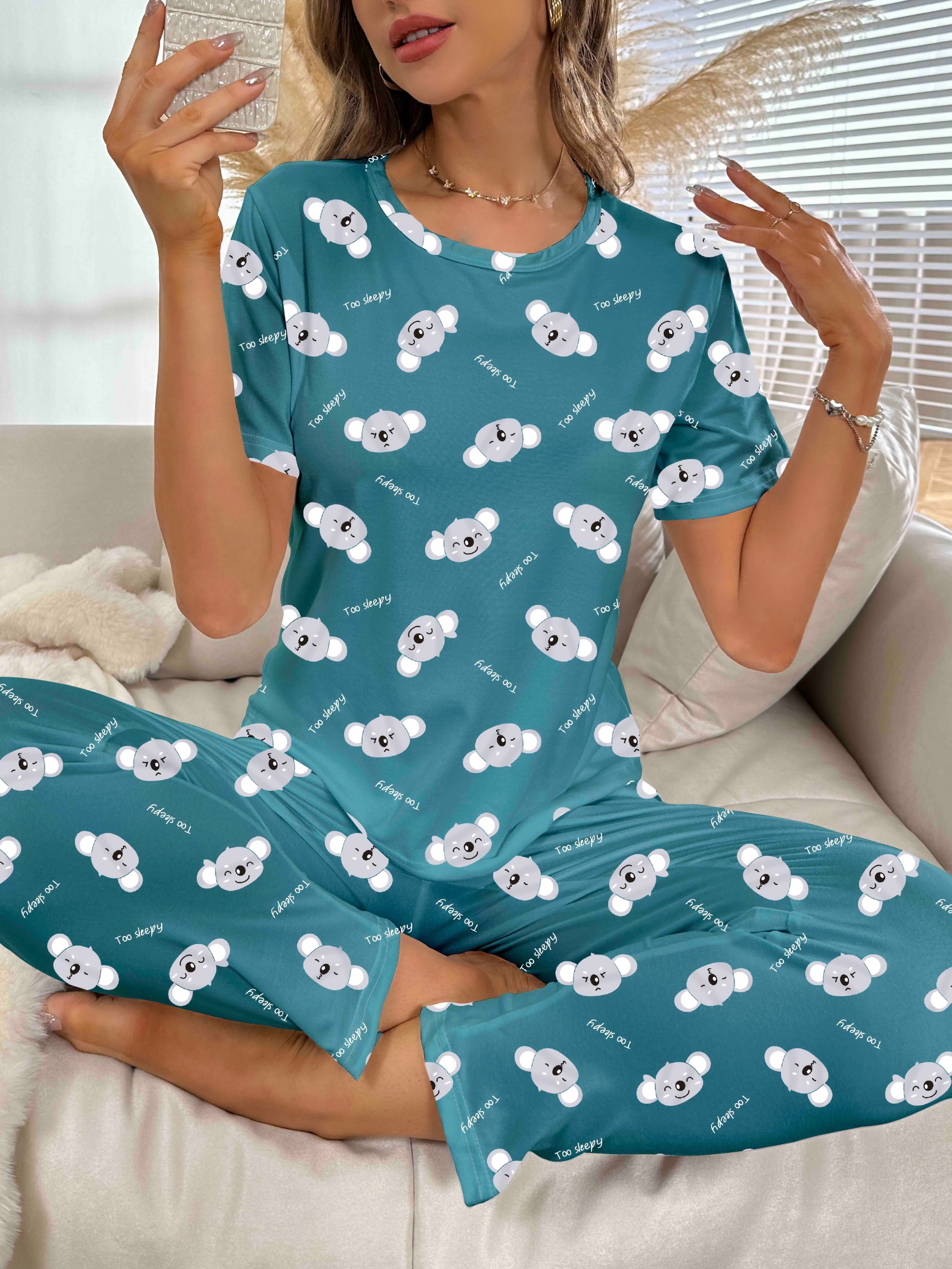 Cartoon Cat Print Pajama Set, Short Sleeve Crew Neck Top & Elastic  Waistband Pants, Women's Sleepwear & Loungewear