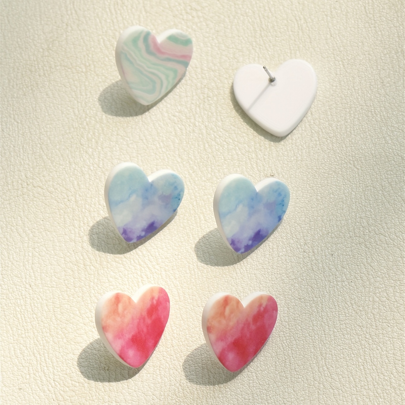 3 Pairs Red Smudged Gradient Heart Shape Acrylic Stud Earrings Set