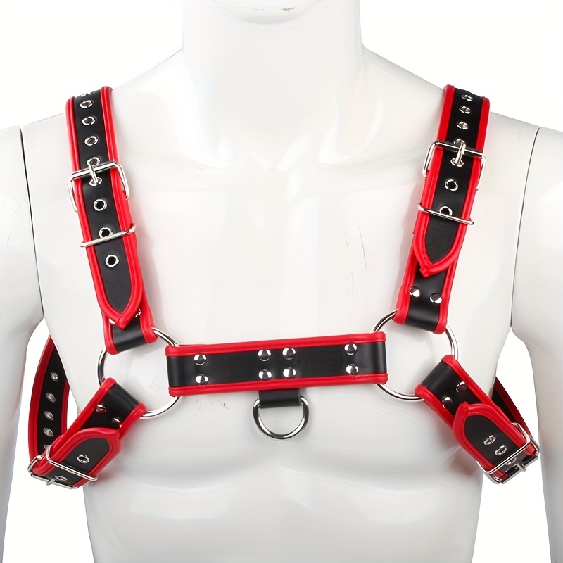 Mens Bondage Harness Adjustable Leather Body Harness Punk Chest Half  Harness Belt Red And Black Scheme Clubwear Costume