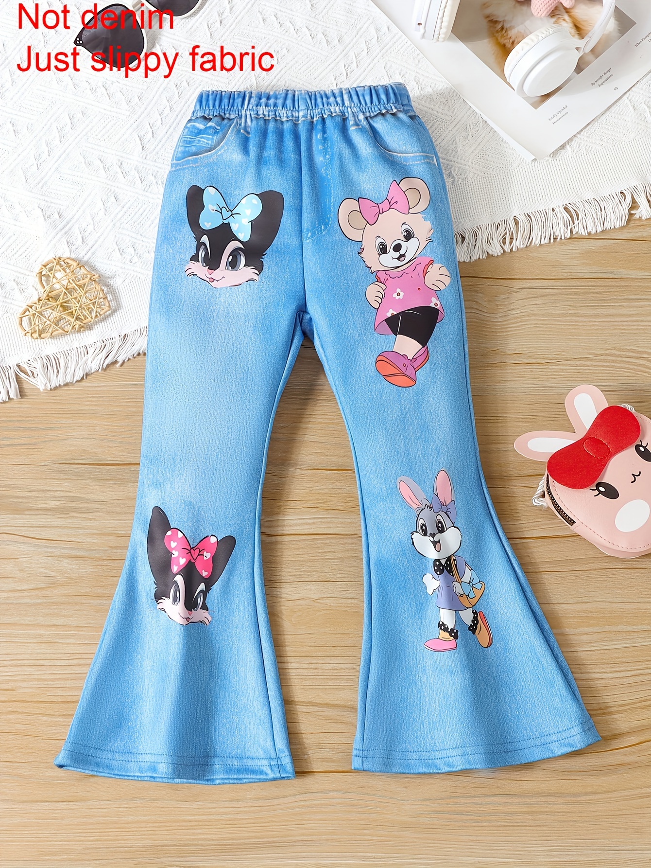 Girls Kids Cartoon 3D Imitation Denim Print Fashion Elastic Flare Leg  Pants, Casual Comfy Trousers, Children's Clothing