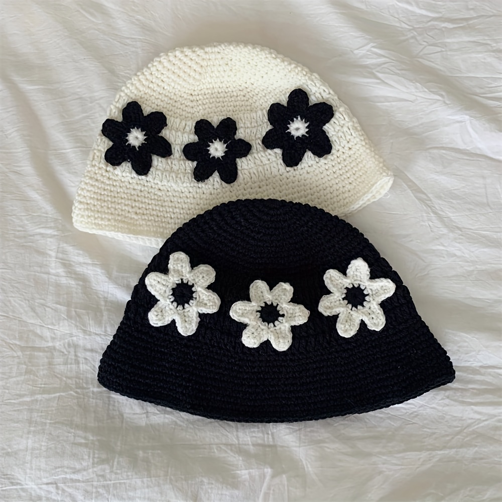 Classic Flower Crochet Bucket Hat Elegant Color Block Knit - Temu