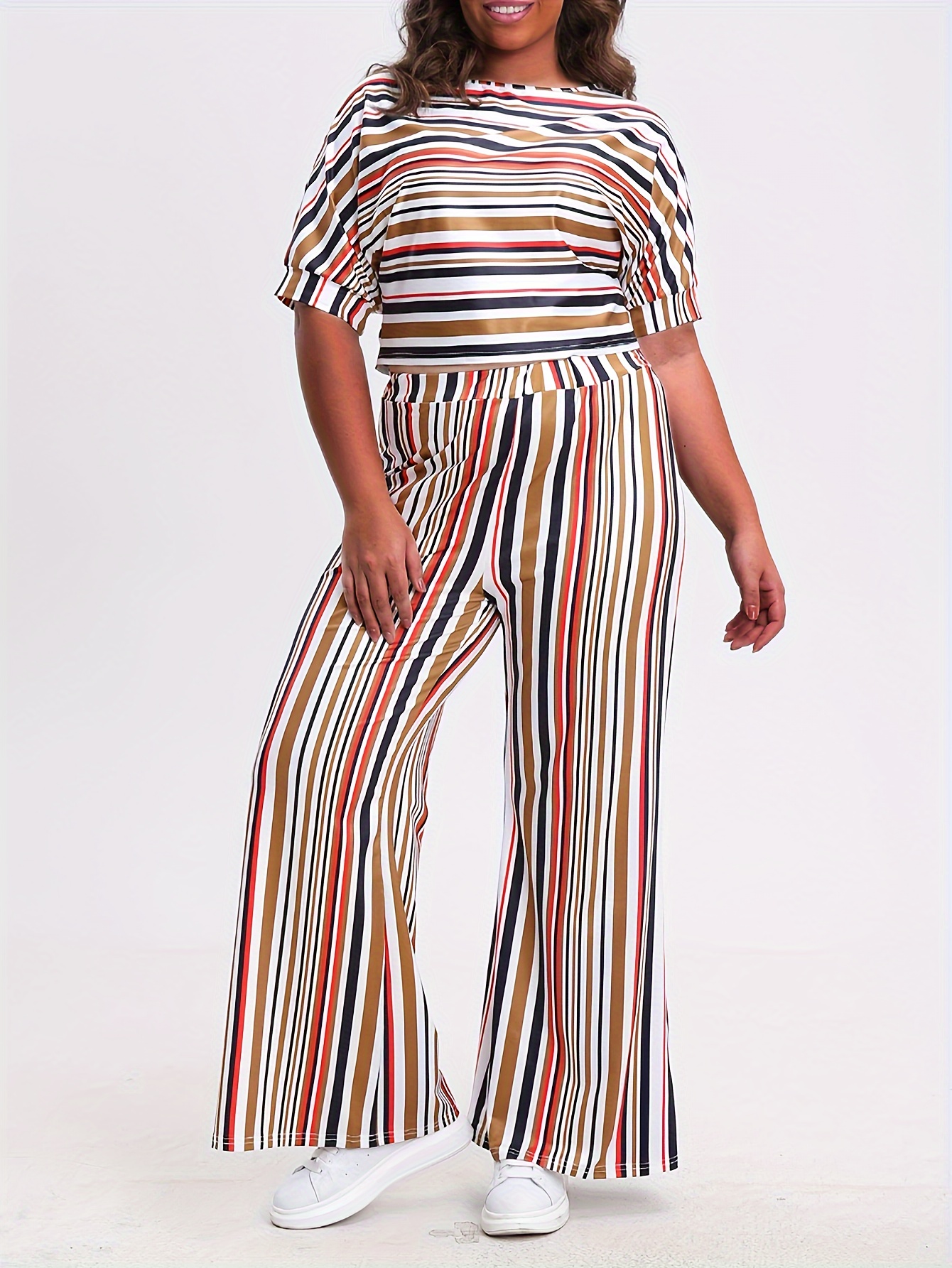 Plus Size Casual Outfits Two Piece Set Women's Plus Stripe - Temu