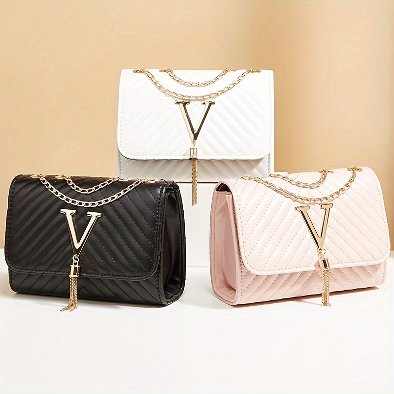 Chevron Quilted Shoulder Crossbody Gold Chain Black or White Bag - Choose  Colour
