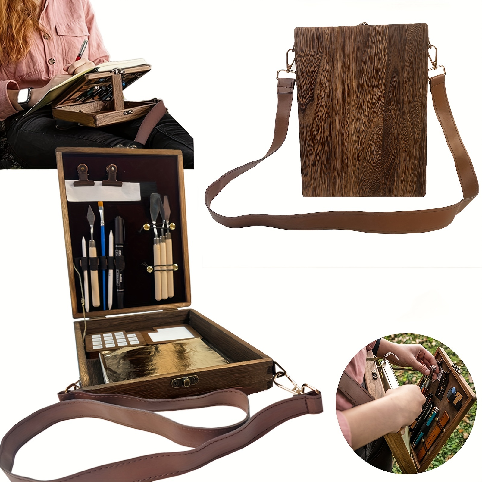 Bomeiqee Writers Messenger Wood Box, Multifunctional Wooden Handmade Crossbody Postman Bag Portable Artist Tool Bag Painting Brush Tool Storage Sketch Box
