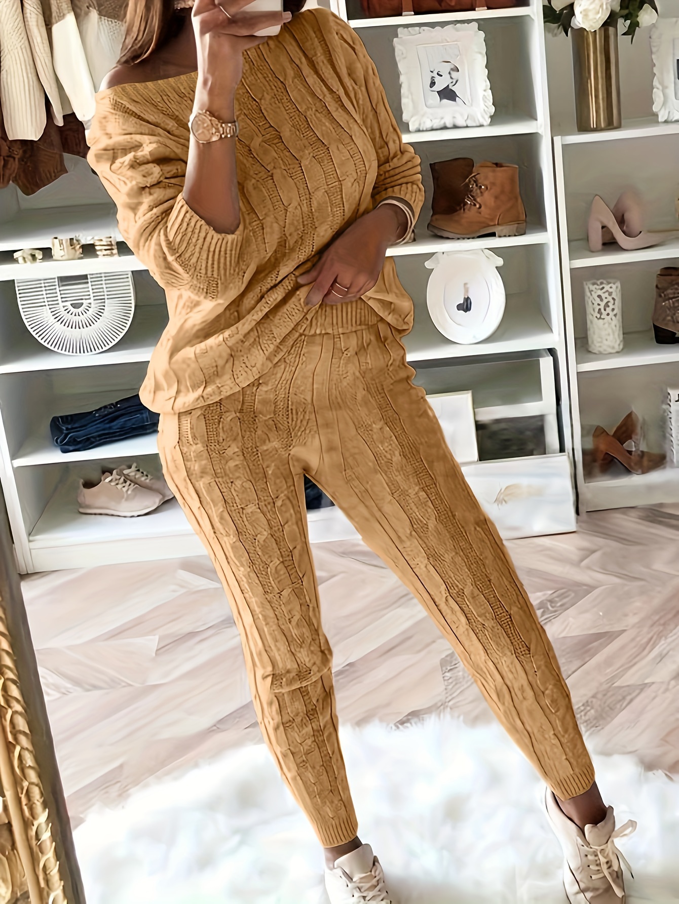 Solid Knitted Matching Two-piece Set, Casual Long Sleeve Sweater