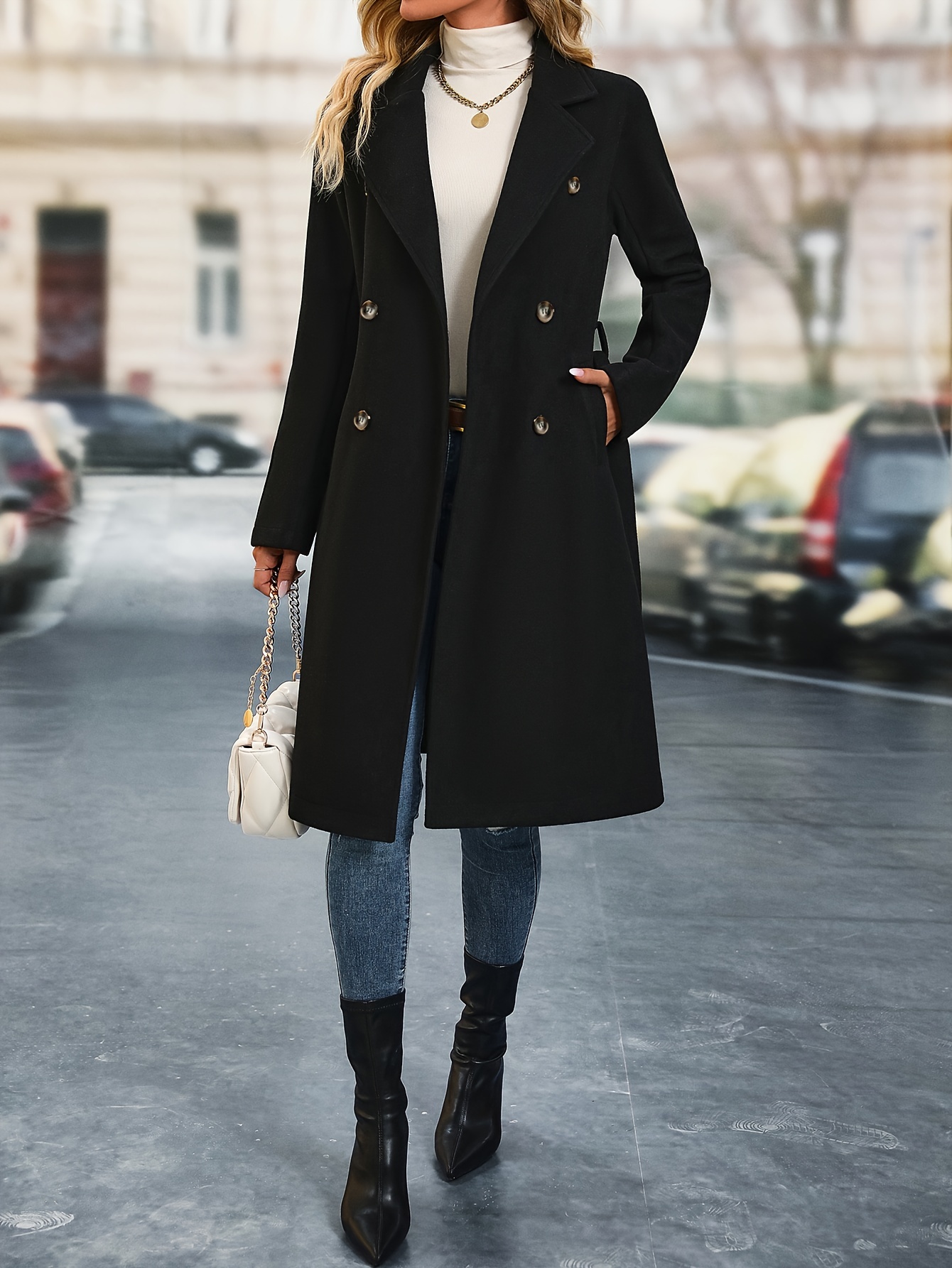 Solid Double Breasted Belted Overcoat Versatile Long Sleeve - Temu