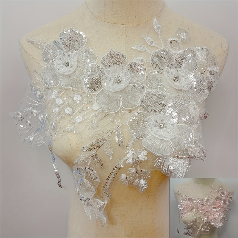New 3d Flower Beaded Lace Fabric Applique Embroidery Sewing - Temu