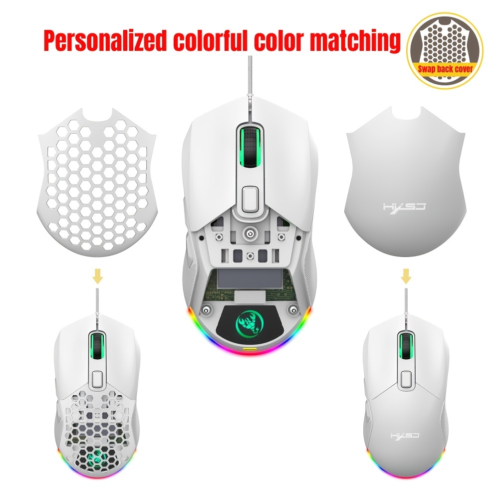 HXSJ New USB Wired Game Mouse RGB Backlit Braid 7200DPI Adjustable Back  Cover Replaceable Home Optical Mouse