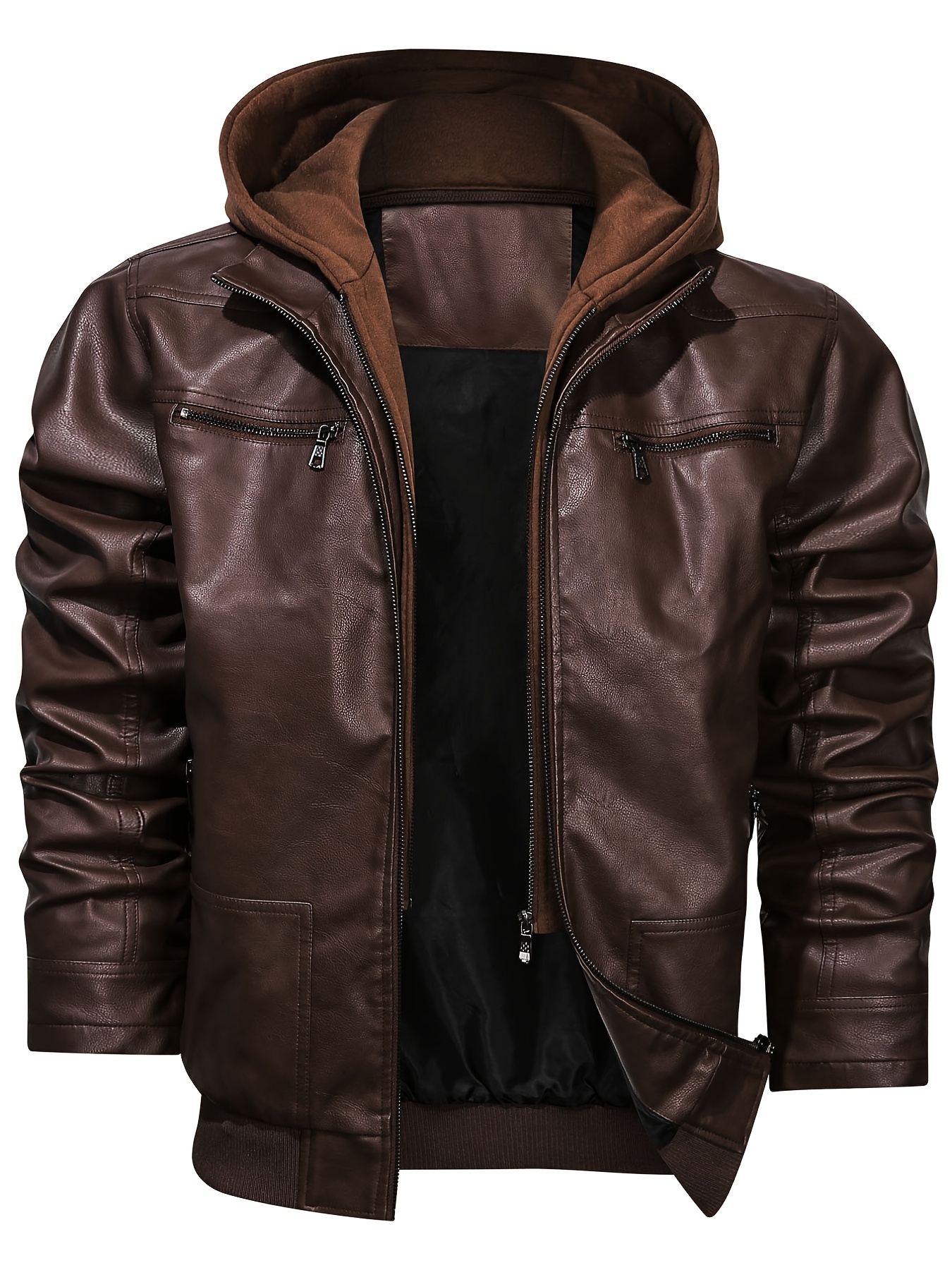 Men's Brown Motorcycle Bomber Leather Jacket with Removable Hood