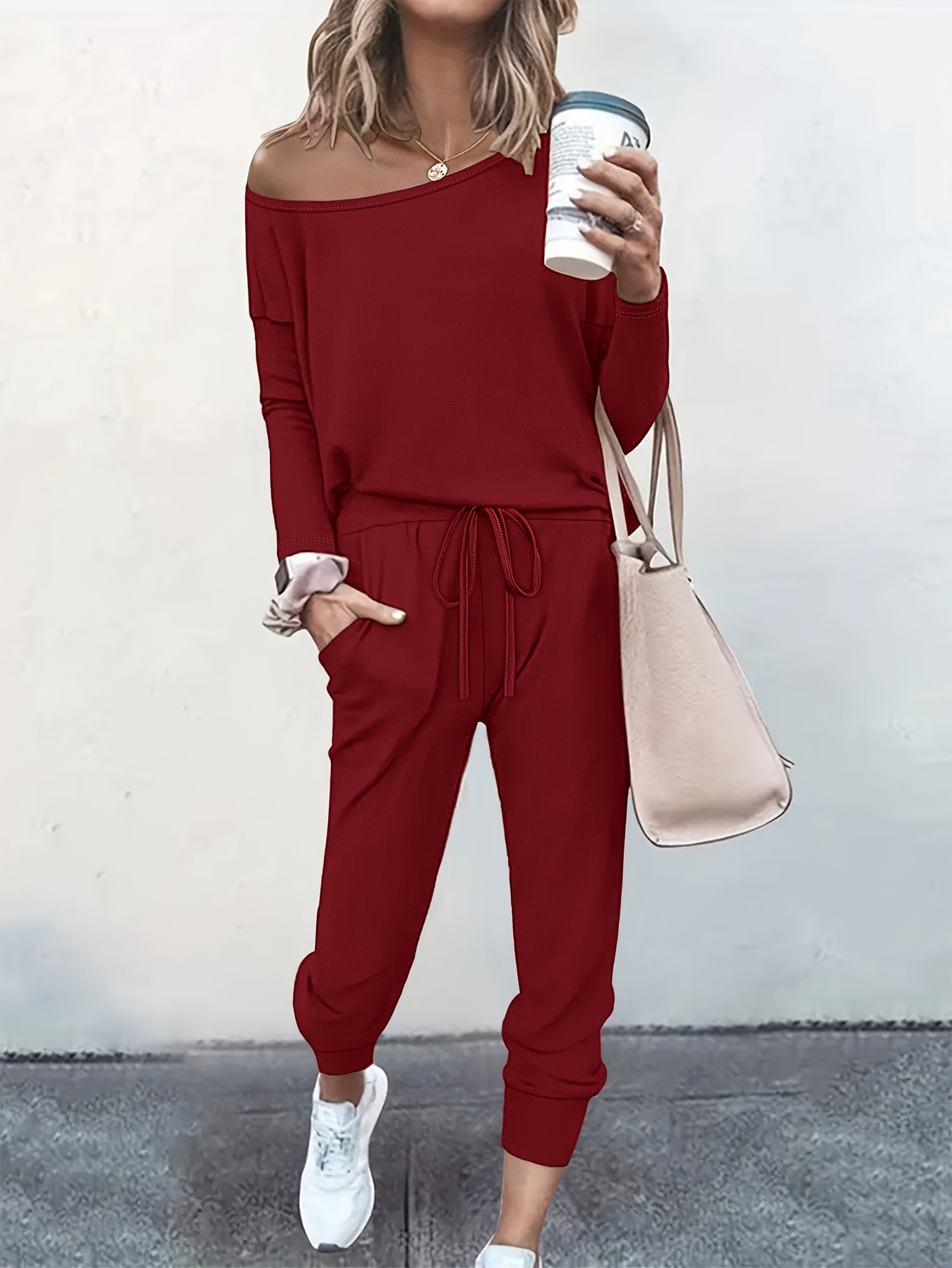 Two Piece Outfits for Women Solid Color Sweatsuits Sets 2 Pieces Jogger  Sets with Pockets Long Sleeve Jogging Sweat Suit