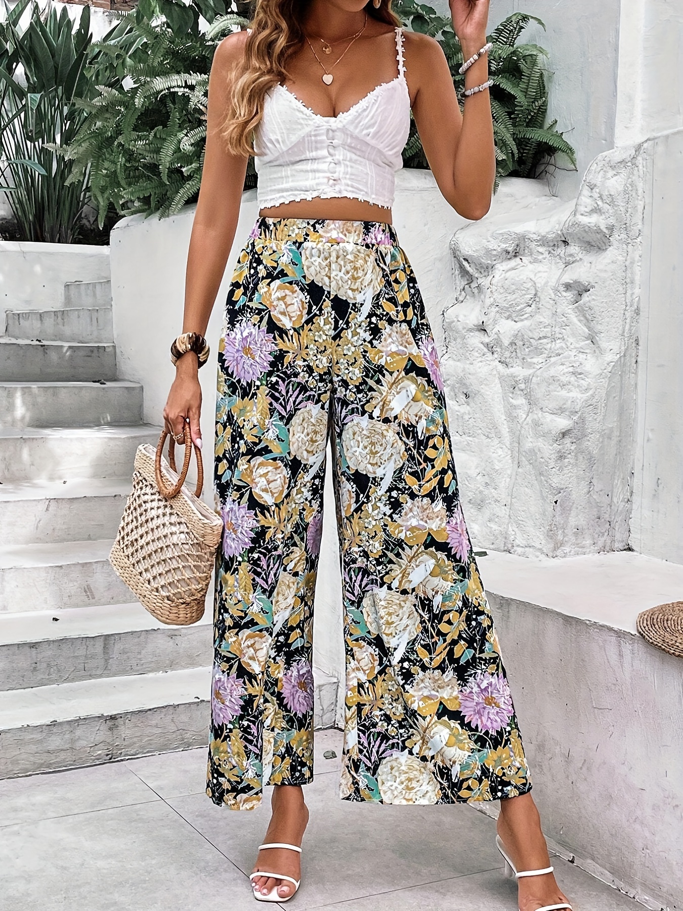 Floral Print Wide Leg Pants, Casual Loose Split Pants For Spring & Summer,  Women's Clothing
