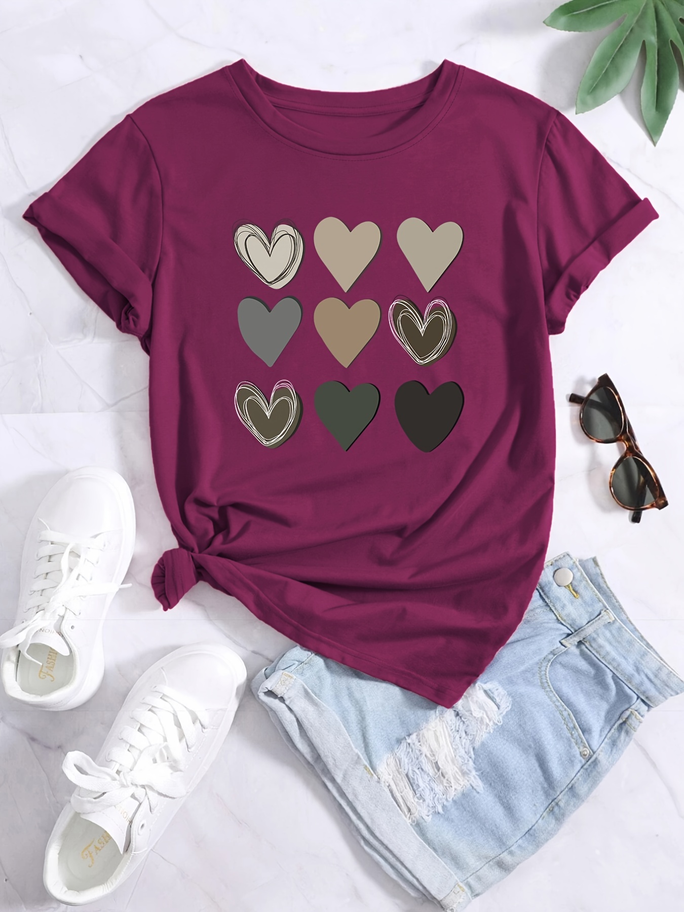 Camiseta con cuello redondo estampada de amor, camisetas de manga corta  casuales de verano, ropa para mujer