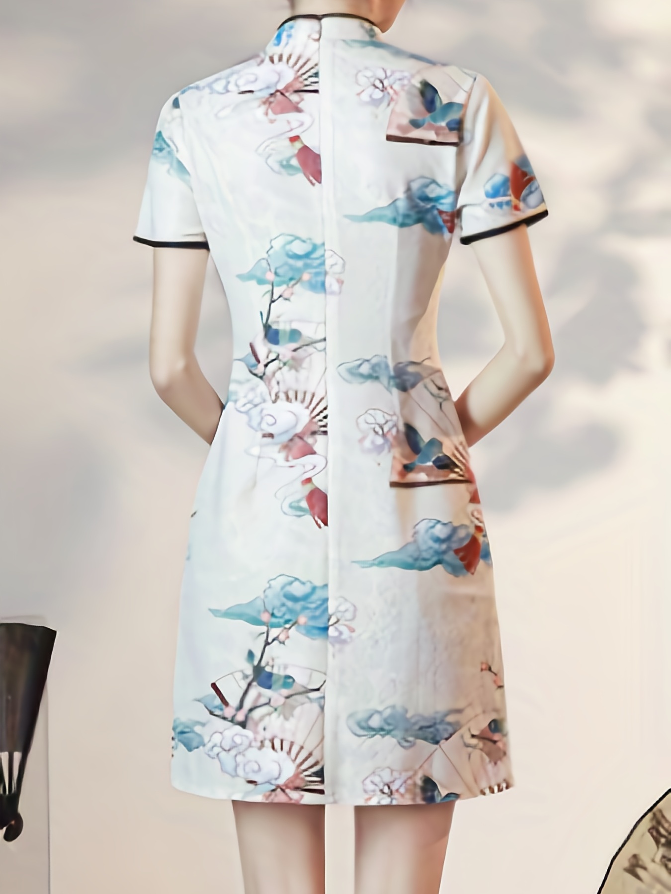 Chinese Vintage Allover Print Cheongsam Bodycon Puff Sleeve - Temu