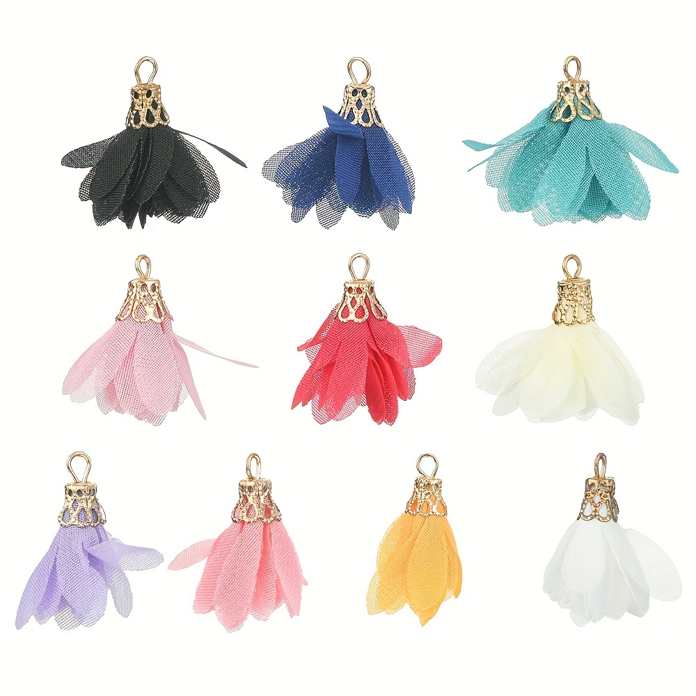 

10pcs Mixed Color Chiffon Yarn Flower Pendants Dangle Floral Charms For Diy Earrings Bracelet Necklace Making Diy Jewelry Accessories