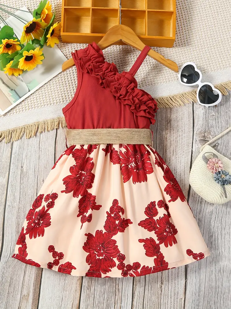 toddler girls asymmetrical neck ruffle trim one shoulder sunflower graphic belted princess dress for party beach vacation kids summer clothes details 21