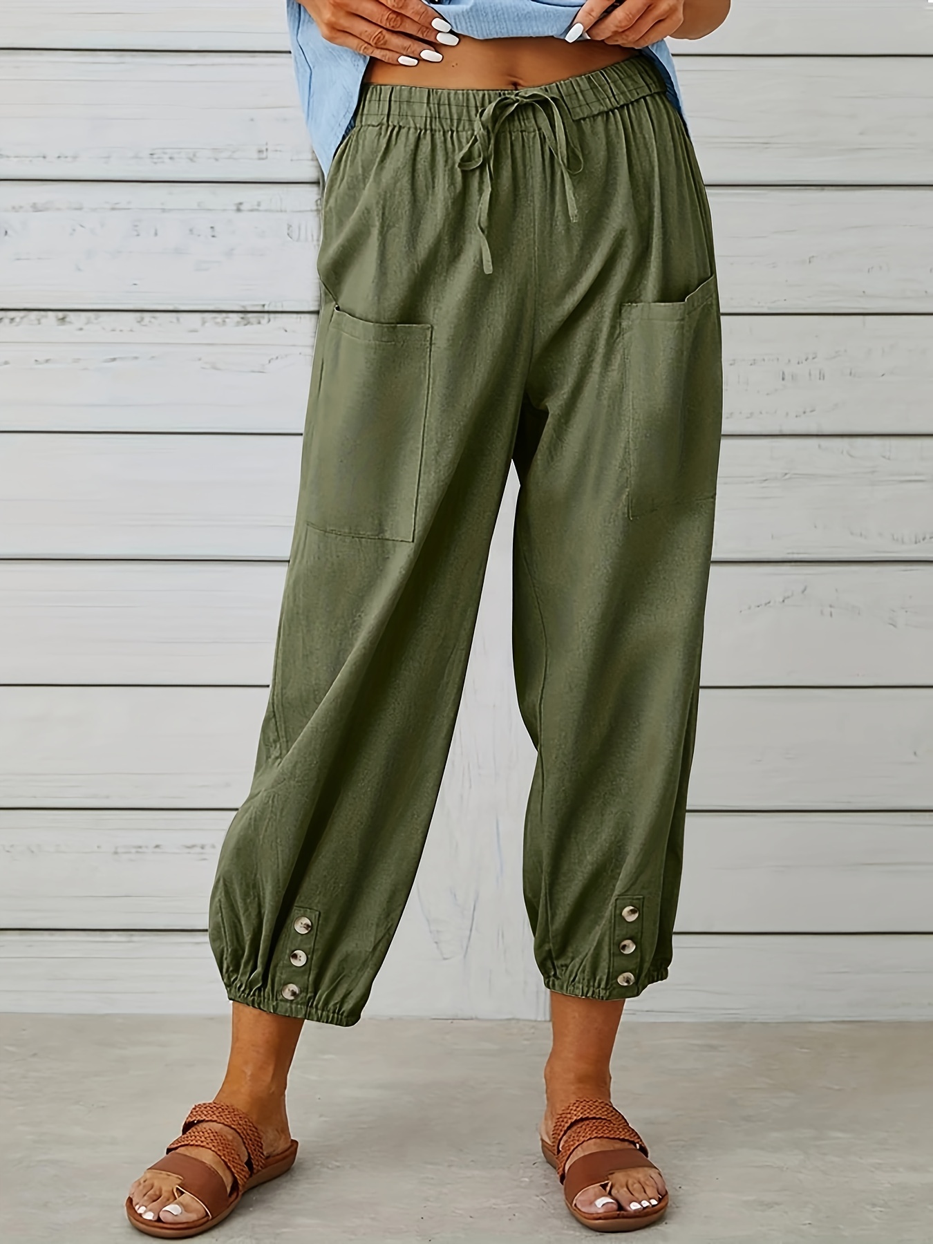 lcziwo Womens Casual Capri Pants Lightweight Lounge Loose High Waist  Drawstring Stretch Straight Leg Pants with Pockets, Army Green, Small :  : Clothing, Shoes & Accessories