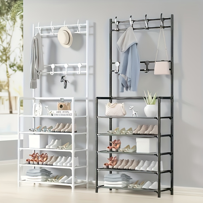 Multi-layer Free Standing Shoe Rack With 8 Double Hooks For Living Room,  Bathroom, And Hallway, Wide Coat Rack With Side Cloth, Efficient And  Stylish Clothes And Coat Storage Solution - Temu