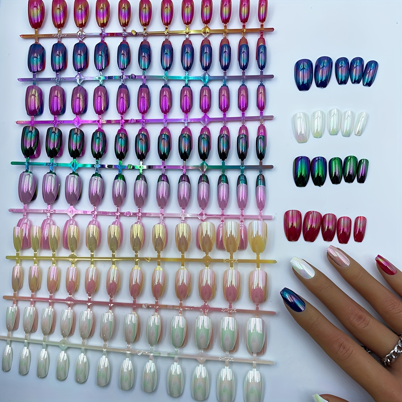 TEMU 8 Colors Shiny Punk Style Metallic Solid Color Press On Nails Chrome Fake Nails Metal Plating Acrylic Short Ballet Reflective Mirror Pure Color Nail Art Tips