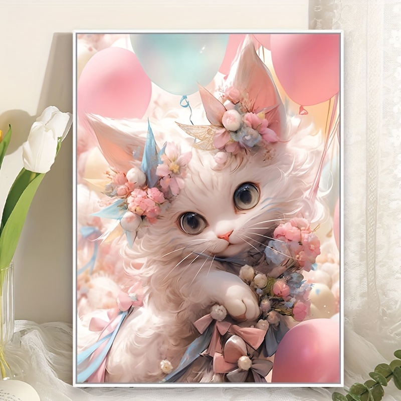 5d Diy Cat Diamond Painting Kit Cute Kitten With Flower - Temu