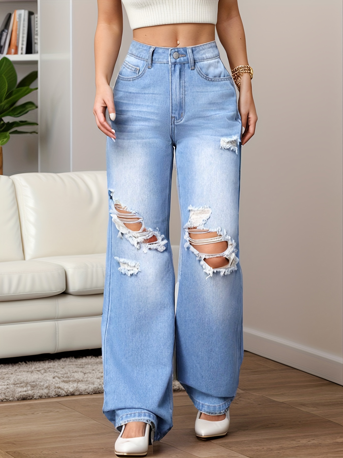 Womens Loose Fit Jeans Ripped Wide Leg For Women High Waist Blue