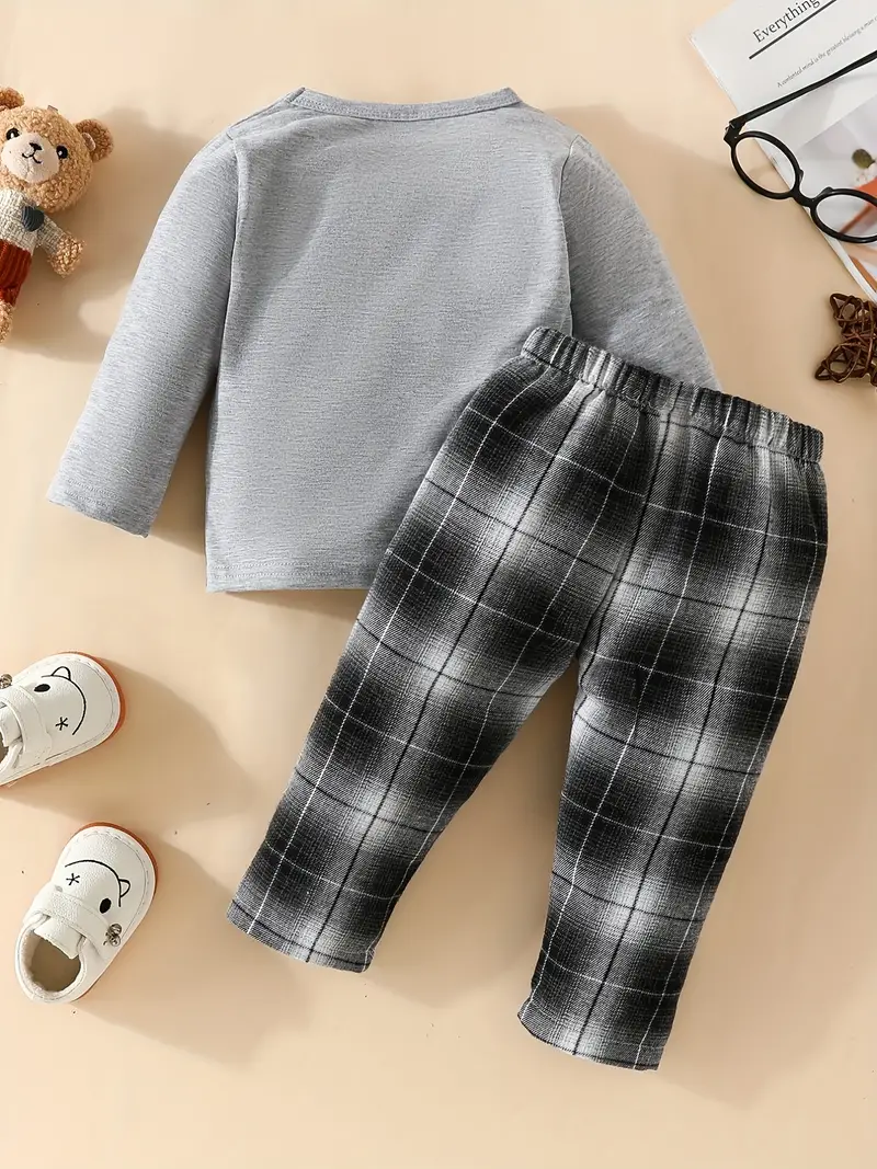 baby girls cute cartoon graphic t shirt plaid pants set for autumn and winter details 0