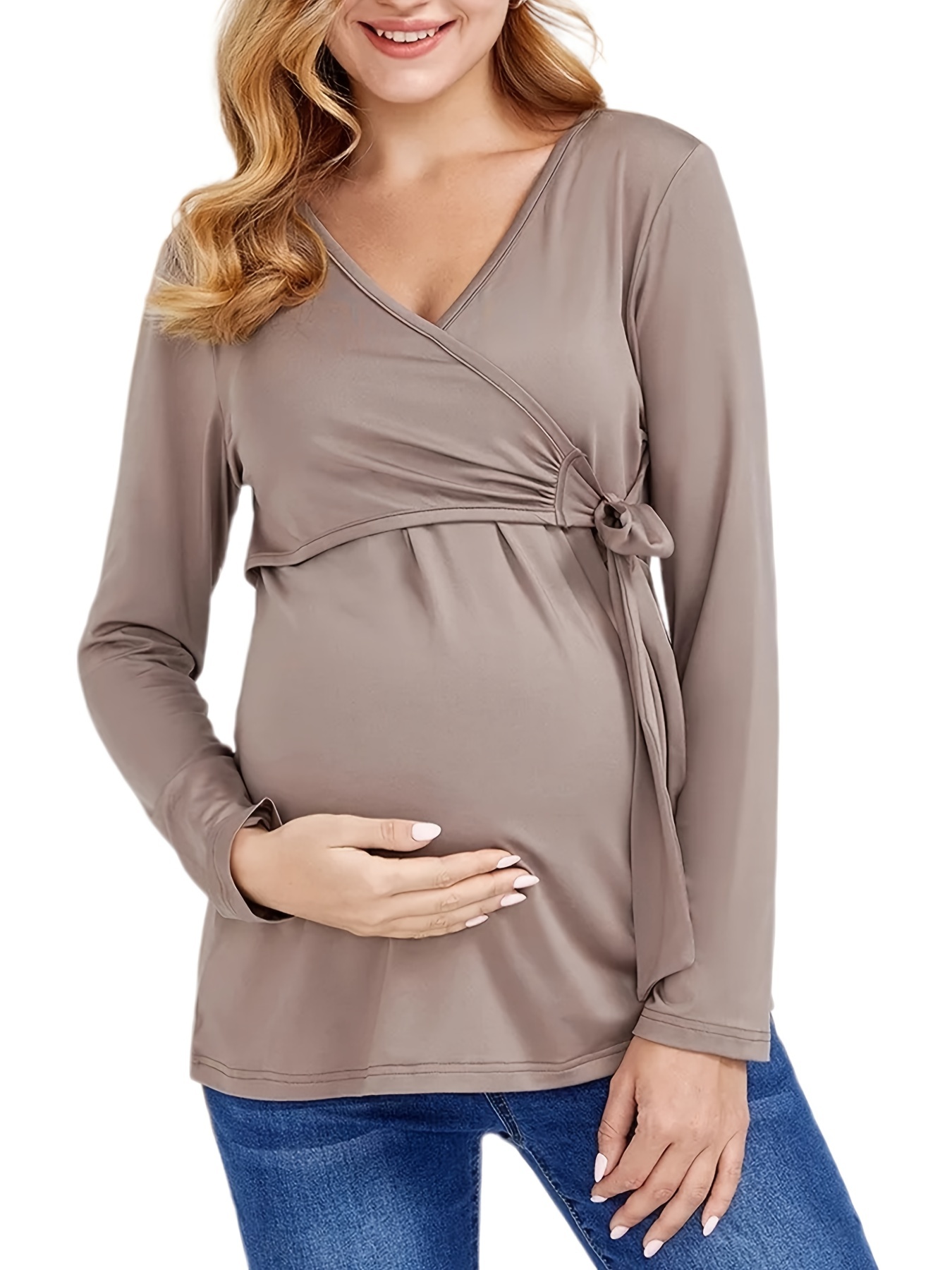 Camisa De Embarazo Ropa De Maternidad Top De Lactancia Manga Larga Cuello  En V Correa Cruzada Blusas Con Lazo Para Mujeres Embarazadas