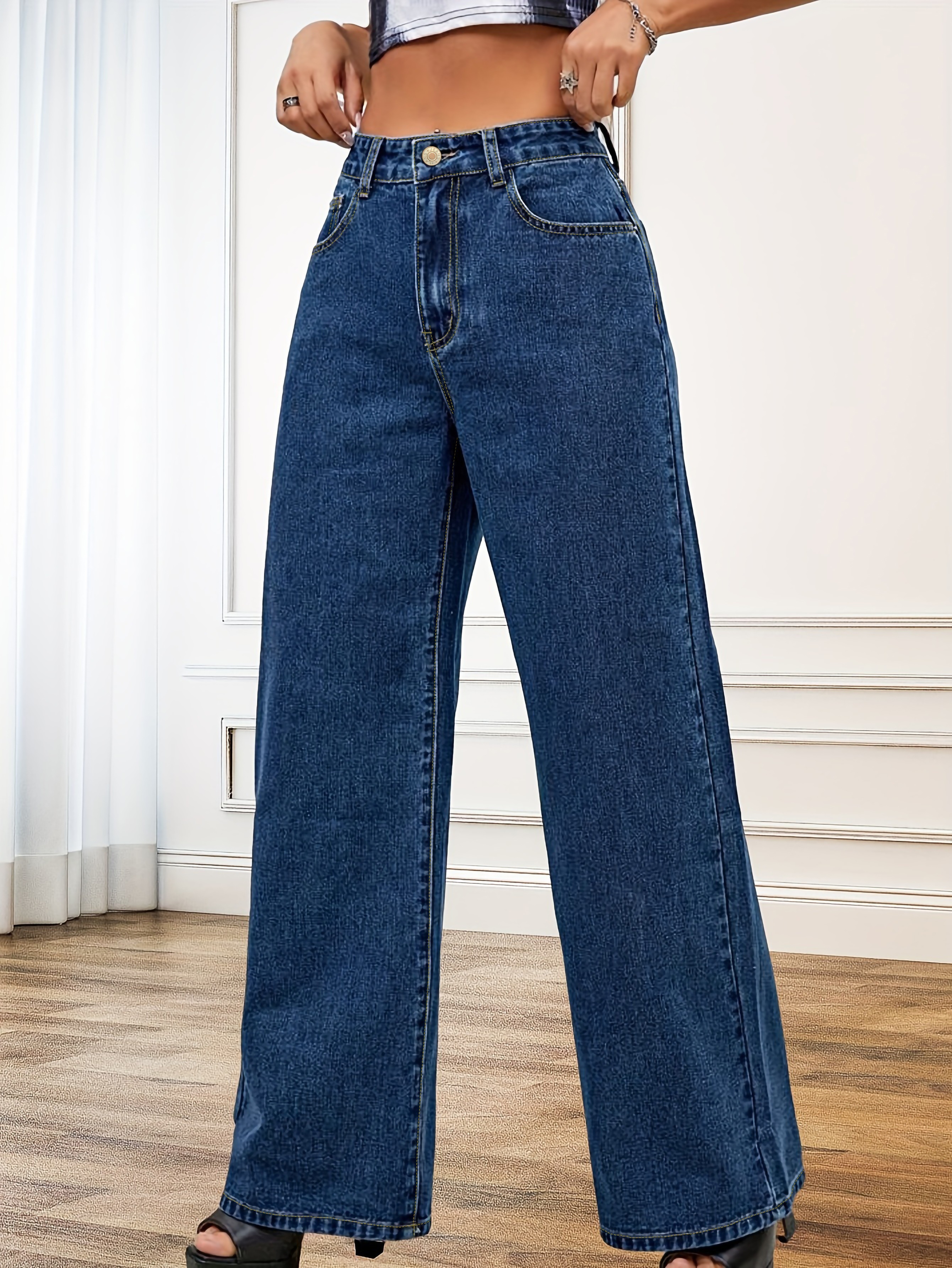 Blue Double Button Straight Jeans Non stretch Slant Pockets - Temu