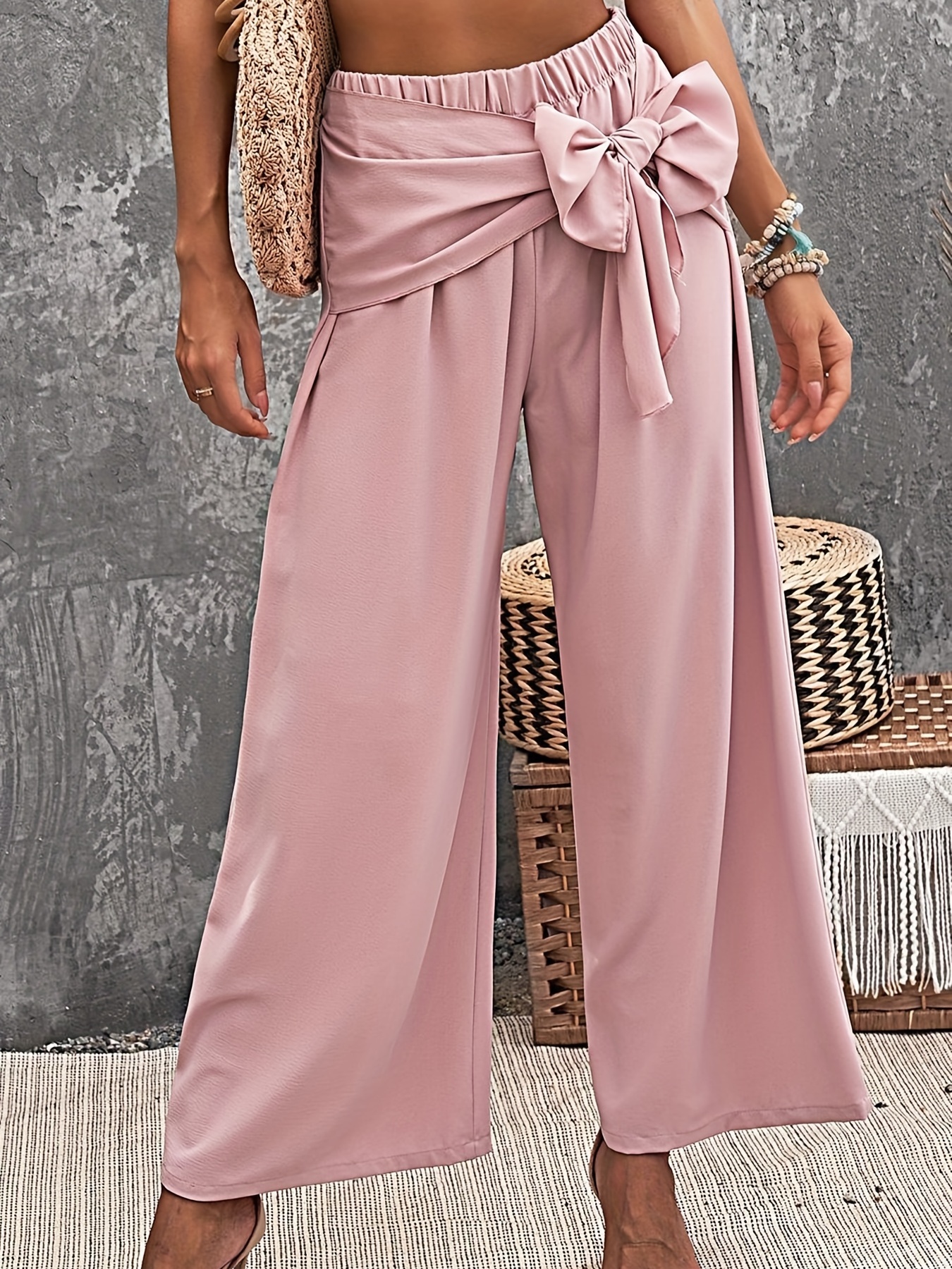 Plus Size Elegant Pants Women's Plus Solid Bow Knot Front - Temu Canada